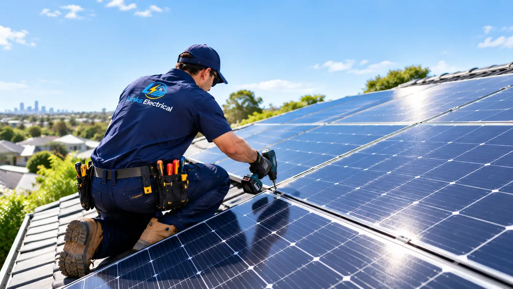 Electrician fixing solar panels to a Melbourne rooftop