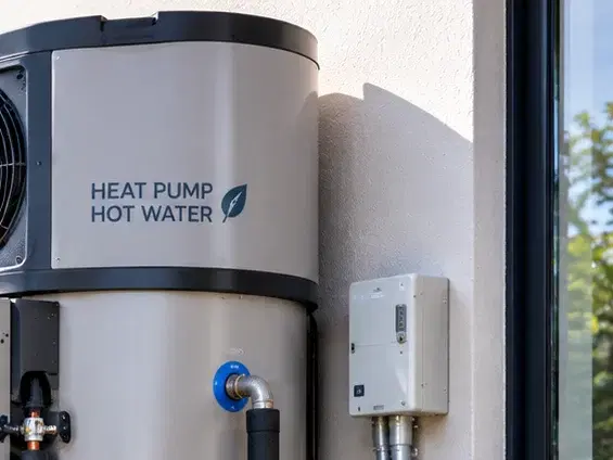 Heat pump hot water unit installed outside a house