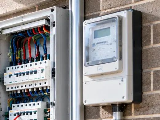 Open meter box with RCBOs and a smart meter