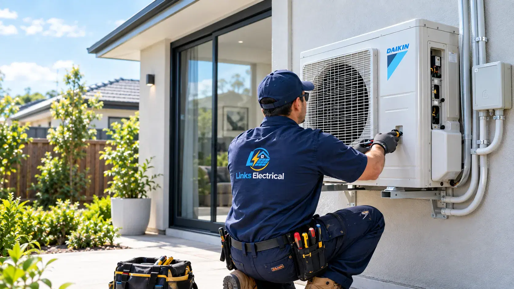 Electrician servicing a split-system outdoor unit