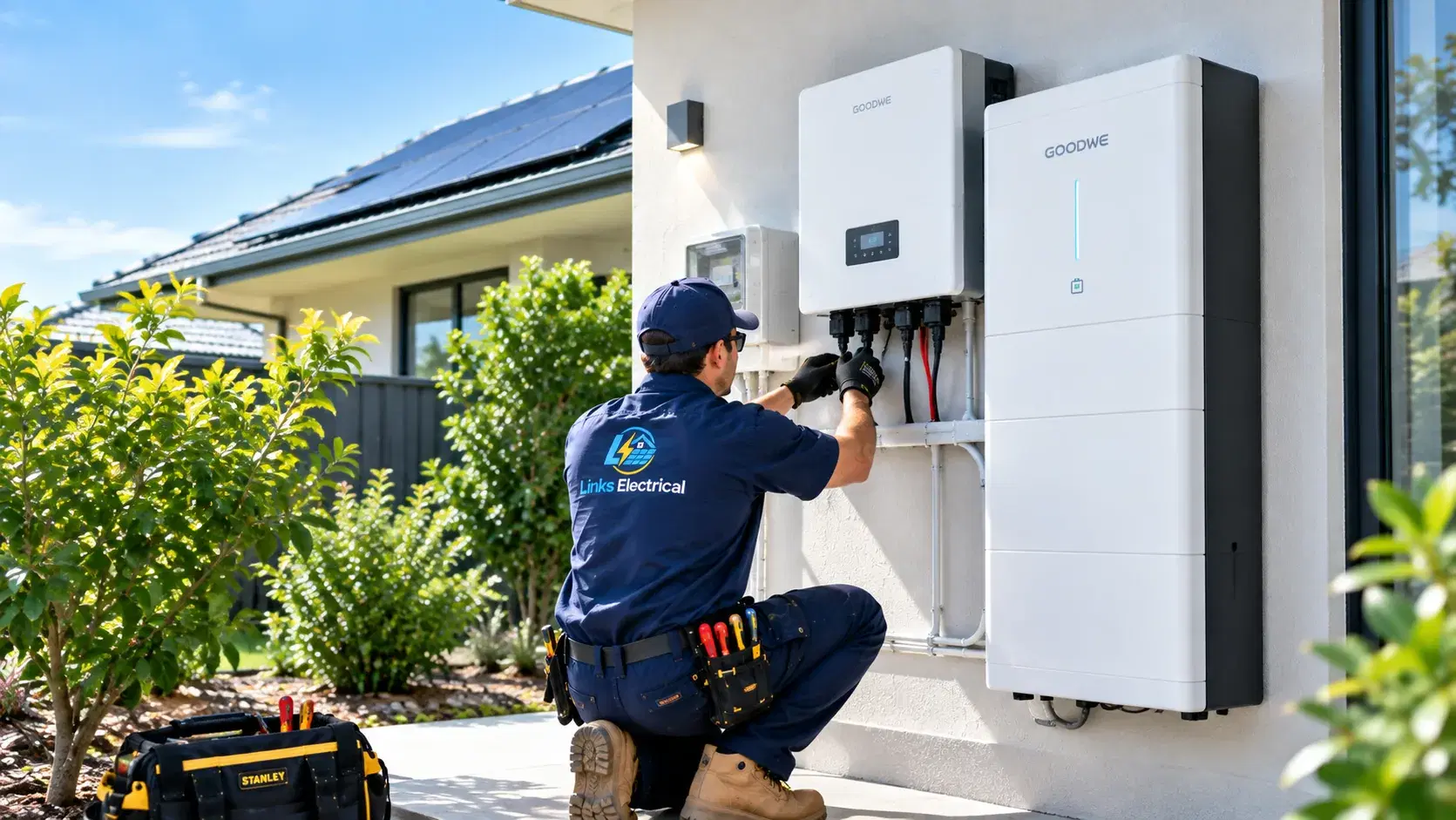 Electrician commissioning a wall-mounted solar inverter and home battery