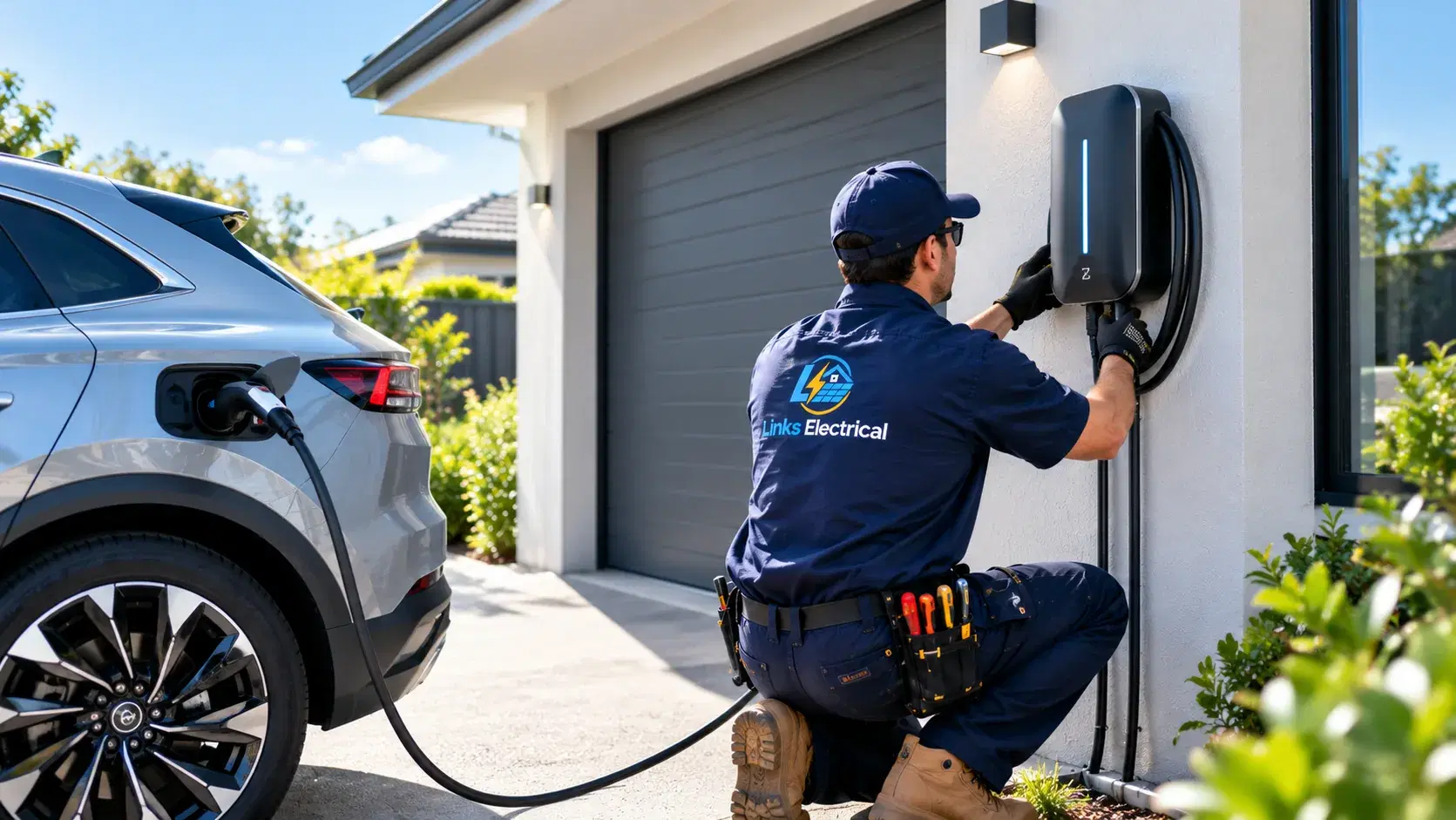 Electrician fitting a wall-mounted EV charger beside a plugged-in car