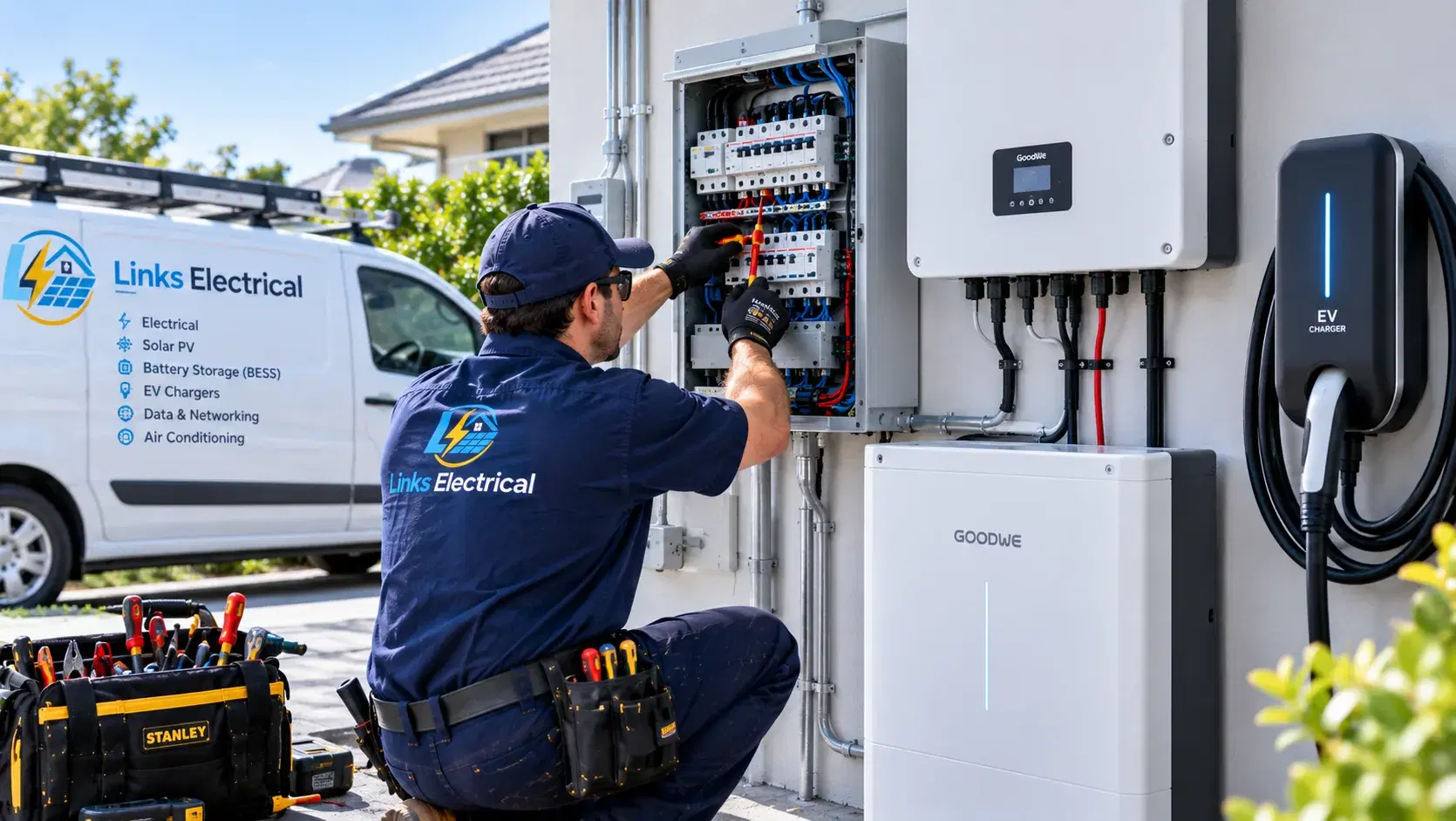 Links Electrical electrician wiring a switchboard beside a solar inverter, home battery and EV charger