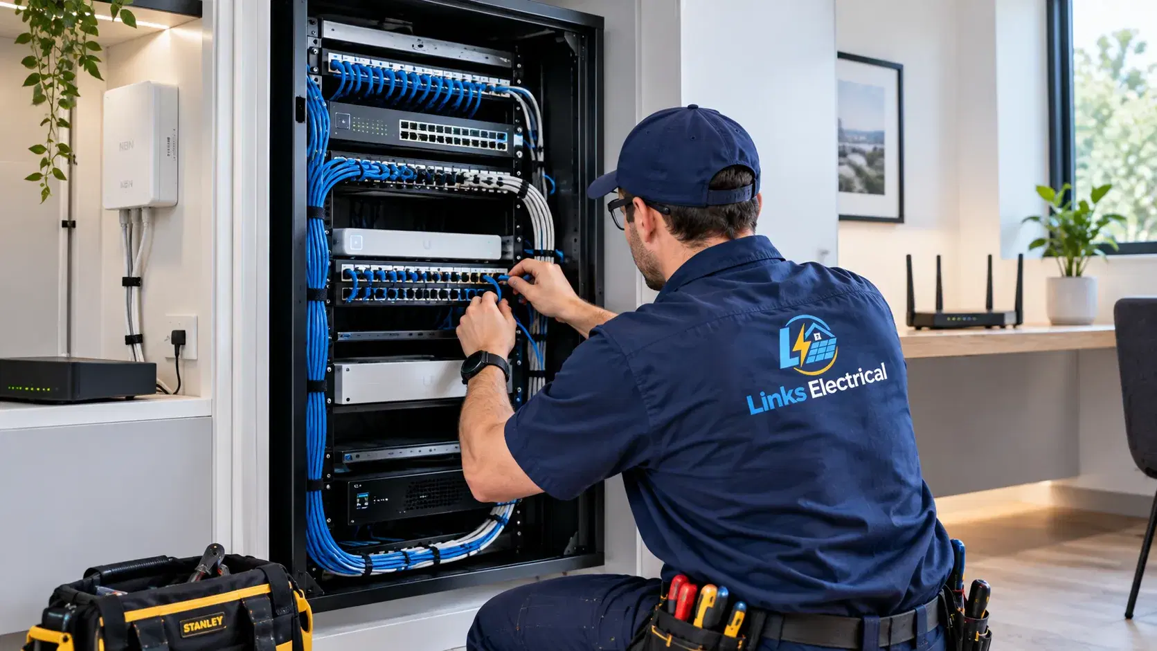 Electrician patching a home network rack beside the NBN box