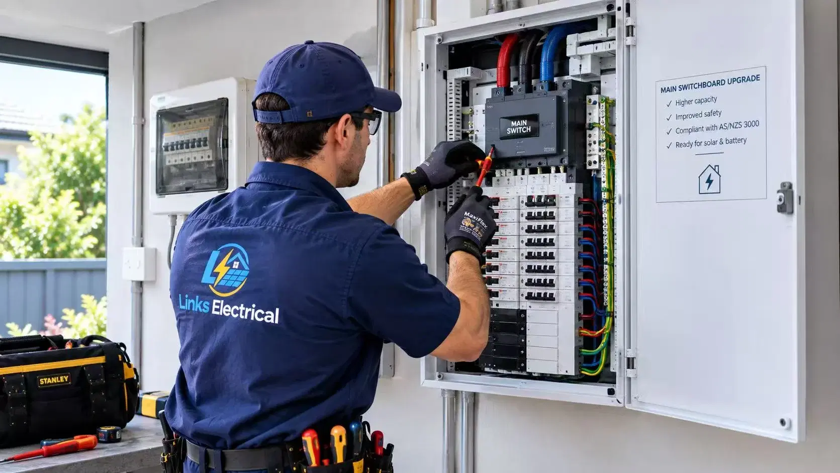 Electrician working inside an upgraded main switchboard